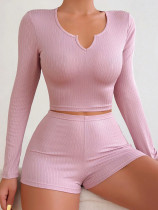 Solid Color Ribbed Knits Loungewear Two Piece Set GLSY-W0258