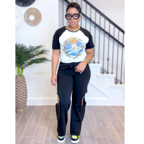 Print Short Sleeve Color Block Two Piece Pants Set BY-6998