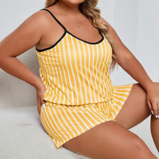 Plus Size Stripe Print Sling Shorts Lounge Wear Pajama Set GLSY-ZT0035