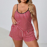 Plus Size Stripe Print Sling Shorts Lounge Wear Pajama Set GLSY-ZT0035
