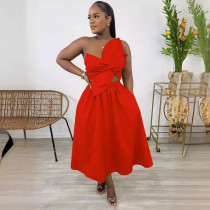 Solid Color One Shoulder Petal Hollow Out Maxi Dress NY-10836