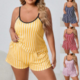 Plus Size Stripe Print Sling Shorts Lounge Wear Pajama Set GLSY-ZT0035