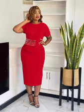 Solid Color Studded Diamond Split Midi Dress BGN-352