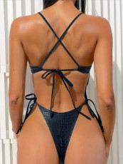 Solid Hollow Out Bandage One Piece Swimsuit CASF-6705