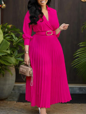 Lapel Solid Color Belt Pleated Big Swing Midi Dress GMLF-3286