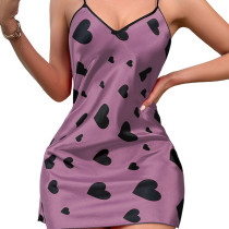 Ice Silk Backless Nightgown Love Print Mini Dress GDNL-7003-1