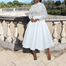 Midi High Neck Lace Petal Patchwork Midi Dress BGN-0013