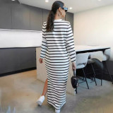 Stripe Print Long Sleeve Split Maxi Dress SFY-515