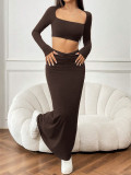 Solid Color Long Sleeve Top Fishtail Long Skirt Suit GXYF-H0413