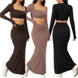 Solid Color Long Sleeve Top Fishtail Long Skirt Suit GXYF-H0413