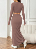 Solid Color Long Sleeve Top Fishtail Long Skirt Suit GXYF-H0413