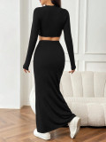 Solid Color Long Sleeve Top Fishtail Long Skirt Suit GXYF-H0413