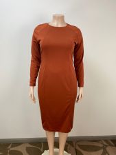 Plus Size Long Sleeve Solid Color Midi Dress GAWE-6299