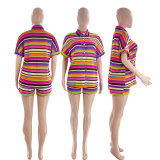 Striped Print Lapel Casual Shorts Set SSNF-211459