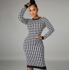 Long Sleeve Hollow Out Houndstooth Print Dress HNIF-208