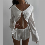 Sexy Tie Cardigan Solid Color Shorts Set XEF-51714