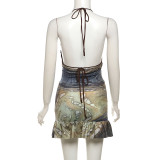 Sexy Backless Small Bustier Printed Bustier Skirt Set XEF-48837