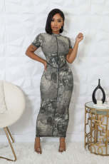 Black White Ink Print Short Sleeve Long DressTE-4687
