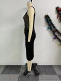 Mesh Patchwork Sleeveless Split Midi Dress NY-10861