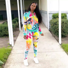 Fashion Print Zipper Long Sleeve 2 Piece Pants Set LSL-6379