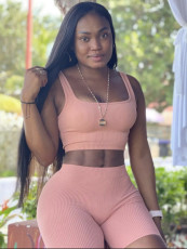 Knits Sleeveless Solid Color Two Piece Shorts Set GYZY-8921
