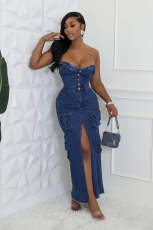 Sexy Tube Top Strapless Split Denim Dress LX-6019