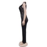 Solid Color Sleeveless Mesh Jumpsuit BY-7038