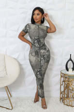 Black White Ink Print Short Sleeve Long DressTE-4687