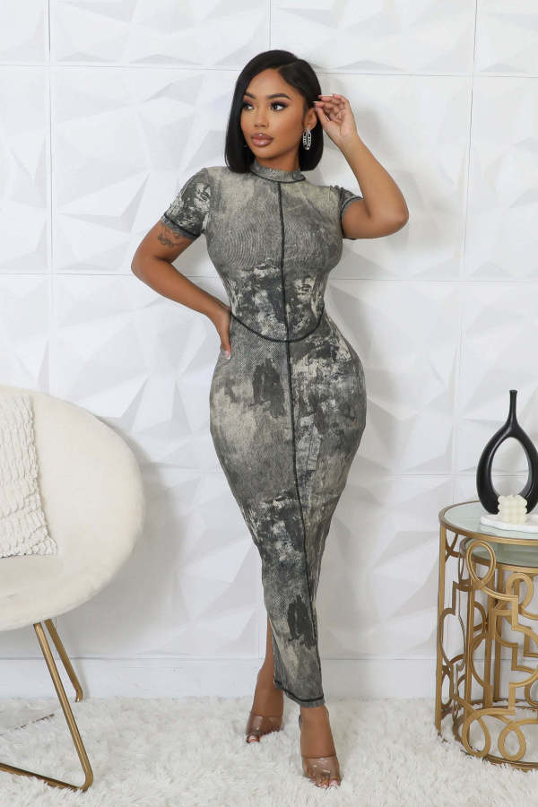 Black White Ink Print Short Sleeve Long DressTE-4687