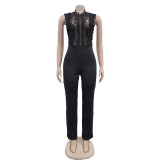 Solid Color Sleeveless Mesh Jumpsuit BY-7038