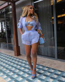 Solid Color See Through Long Sleeve Shirt Shorts Set ZSD-0700