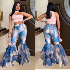 Fashion Printed Flared Ruffle Pants BY-6971