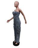 Wrap Chest Embroidered  Denim Jumpsuit MEM-88590