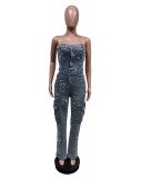 Wrap Chest Embroidered  Denim Jumpsuit MEM-88590