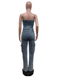 Wrap Chest Embroidered  Denim Jumpsuit MEM-88590