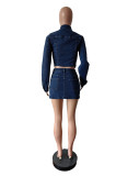Long Sleeve Single Breasted Denim Two Piece Skirts Set MEM-88591