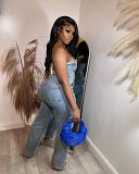 Wrap Chest Embroidered  Denim Jumpsuit MEM-88590