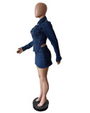 Long Sleeve Single Breasted Denim Two Piece Skirts Set MEM-88591