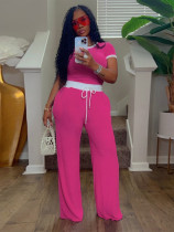 Ribbed Contrast Color Short Sleeve Pants 2 Piece Set MIL-033