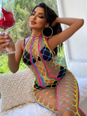 Hollow Out Fishing Net Hang Neck Colorful Stripes Erotic Net Clothes GYDE-YDC10