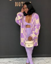 Color Block Plaid Loose Lantern Sleeve Sweater Cardigan QXTF-83021