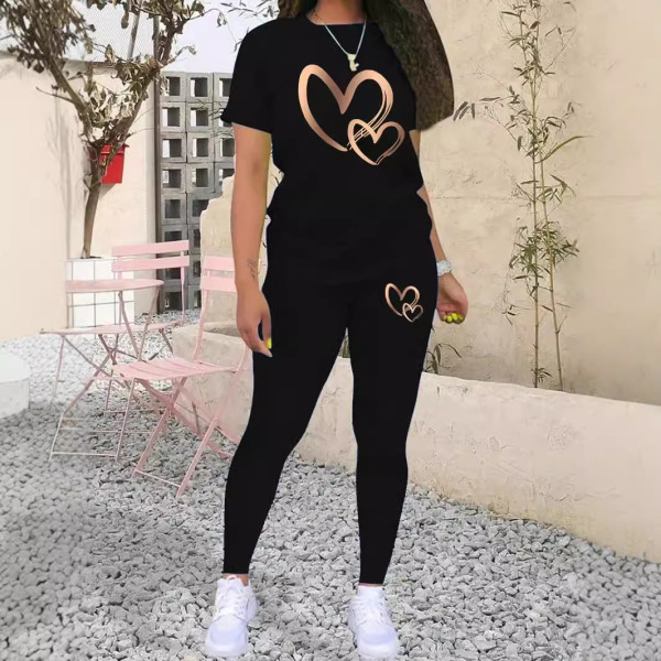 Gradient Gold Heart Print Short Sleeve T-Shirt Set WSYF-00002