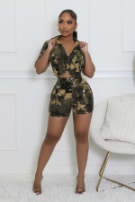 Plus Size Suit Collar Short Sleeve Shorts Camouflage Two Piece Set GHXF-0442