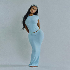 Solid Color Knits Short Sleeve Two Piece Skirt Set XEF-51047