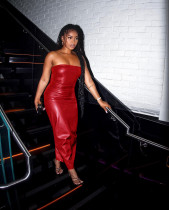 Sexy Solid Color Wrap Chest PU Leather Maxi Dress TE-4698