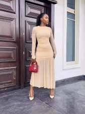 Long Sleeve Pleated Solid Color Maxi Dress GADE-8496