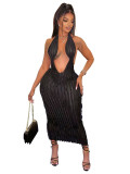 VIP1 Deep V Neck Hang Neck Backless Long Dress GADE-5759