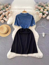 Contrast Color Patchwork Denim Midi Dress GADE-9826