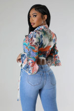 Long Sleeve Print Tie Up Shirt XHXF-8699