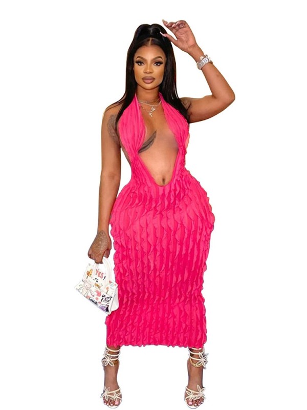 VIP1 Deep V Neck Hang Neck Backless Long Dress GADE-5759